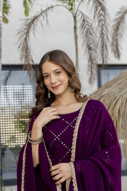 Wine Faux Georgette Fabric Beautiful Graceful Ceremonial Kurta Set