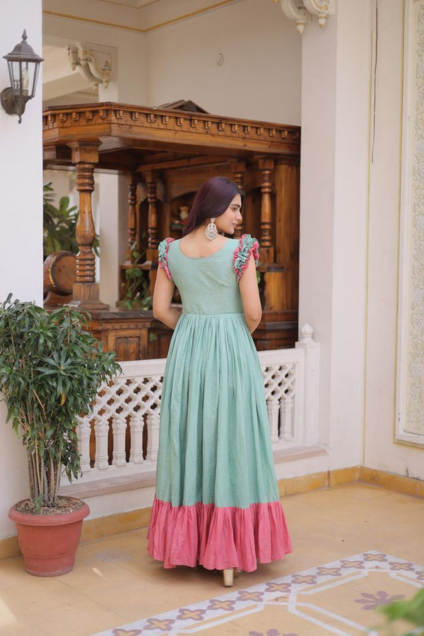Green Color Beautiful Girlie Readymade Gown For Graceful Girlie Looks