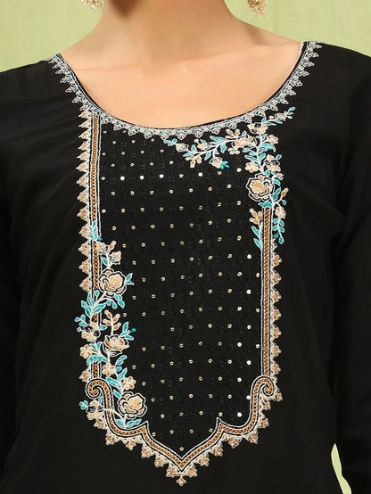 Black Color Viscose Roman Silk Fabric Designer Embroidery Work Sophisticated Girlie Salwar Kameez