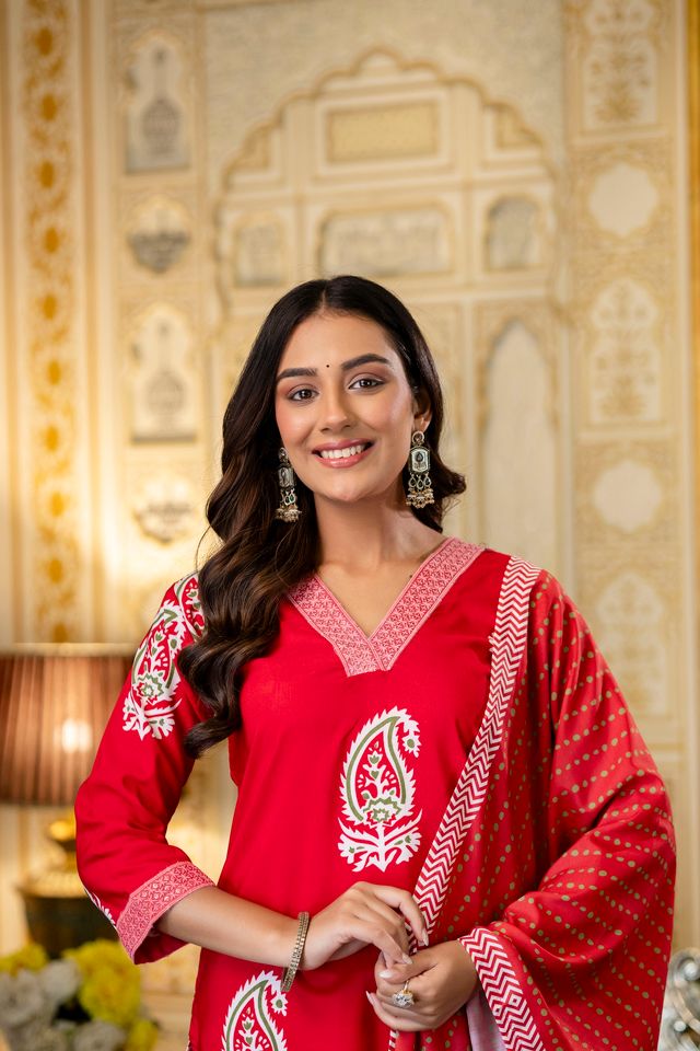 Red Color Rayon Fabric Ceremonial Readymade Kurta Set with Dupatta