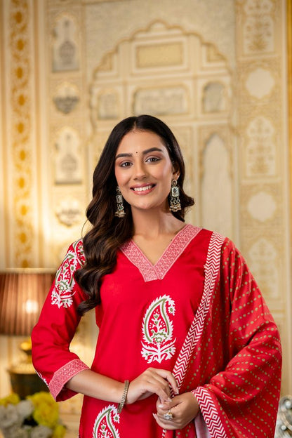 Red Color Rayon Fabric Ceremonial Readymade Kurta Set with Dupatta