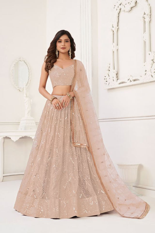 Peach Color Butterfly Net Fabric Designer Sequins Embroidered Ceremonial Lehenga Choli