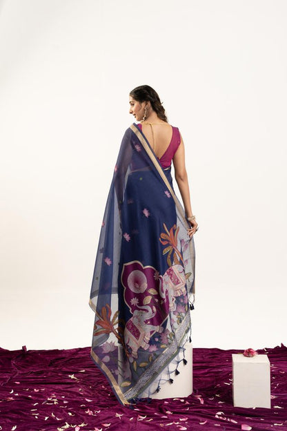 Blue Color Muga Cotton Fabric Rajwadi Weaving Designer Ethnic Classic Saree