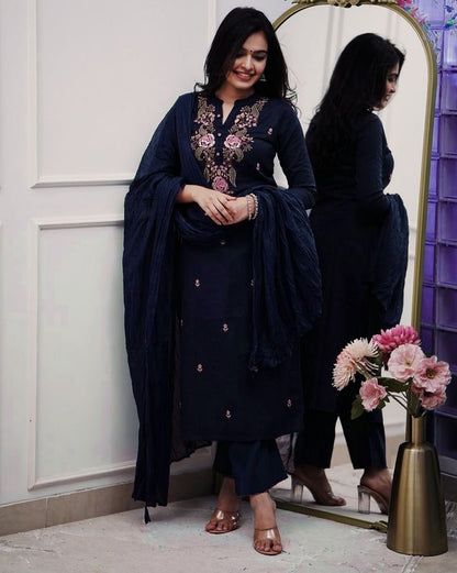 Navy Blue Color Ethnic Cotton Silk Fabric Readymade Kurta Set With Dupatta