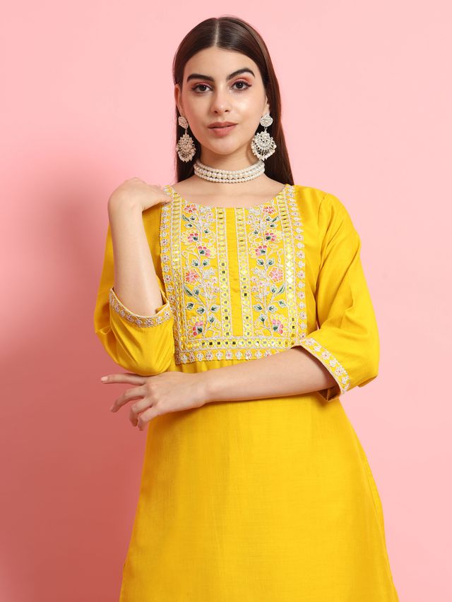 Yellow Color Designer Embroidered Silk Blend Ethnic Festive Special Suit