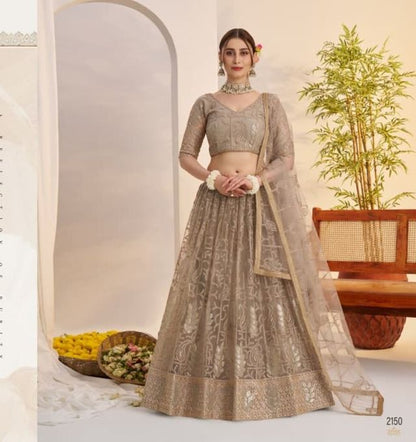 Grey Heavy Embroidery Net Semi Stitch A Line Lehenga With Blouse