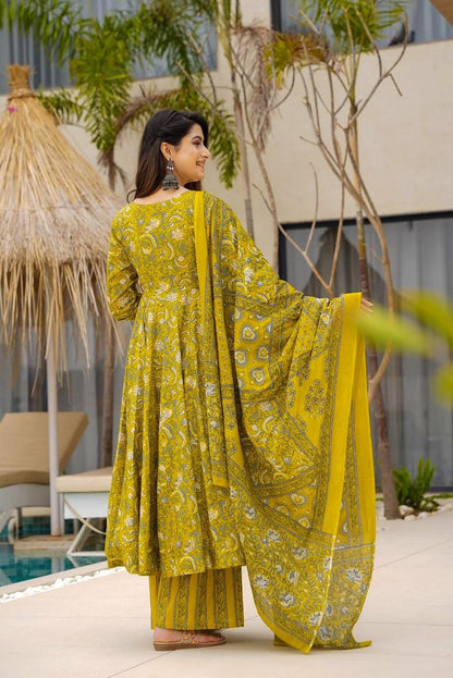 Olive Color Muslin Fabric Designer Digital Printed Partywear Attire For Girl