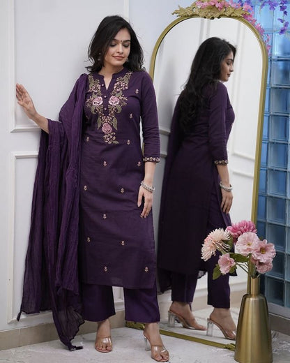 Wine Color Ethnic Cotton Silk Fabric Readymade Kurta Set With Dupatta