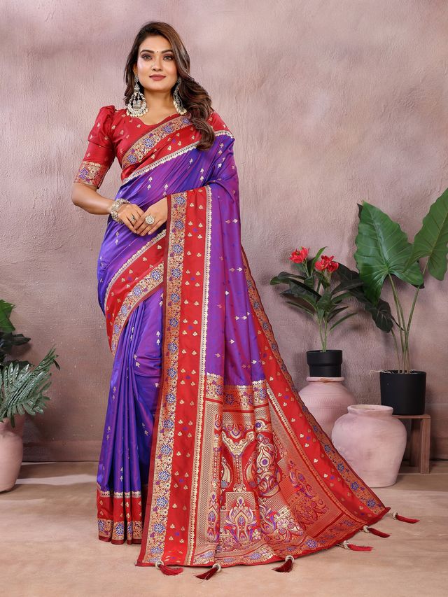 Lavender Color Handloom Silk Fabric Weaving Designer Ethnic Partywear Saree