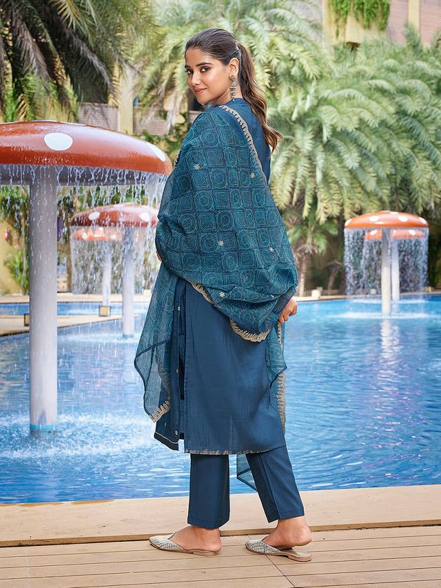 Teal Color Stylish Partywear Readymade Ethnic Suit