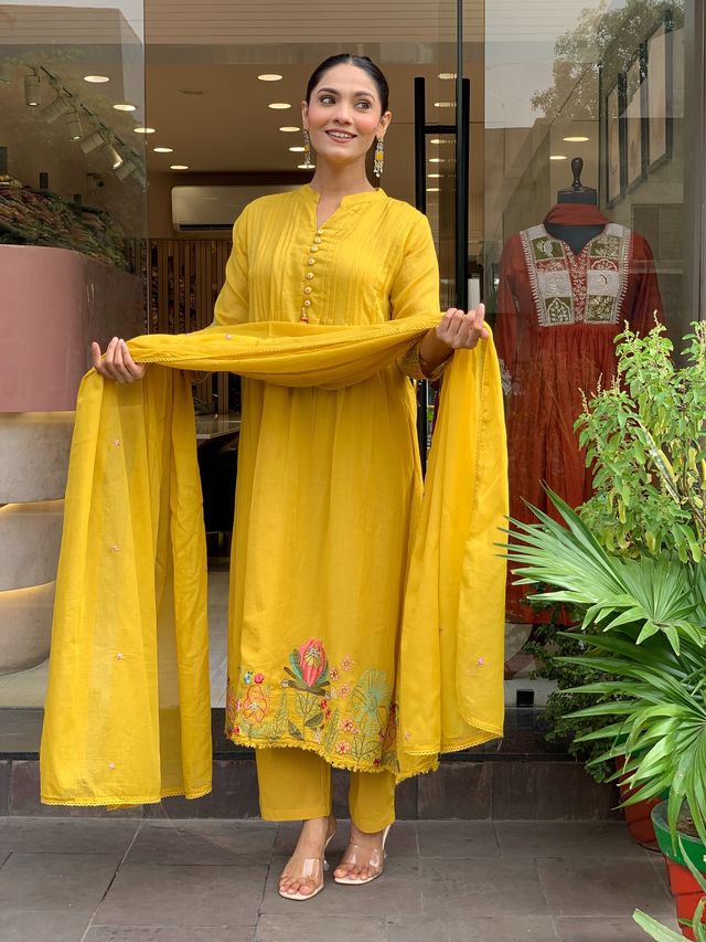 Mustard Color Chanderi Silk Fabric Ceremonial Readymade Kurta Set with Dupatta
