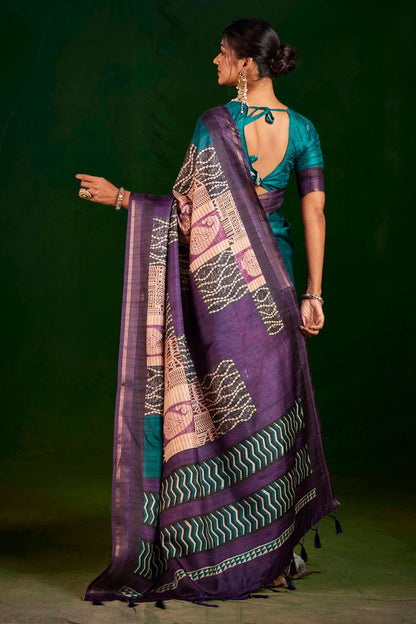 Teal Color Gathan Silk Fabric Designer Digital Printed Partywear Saree