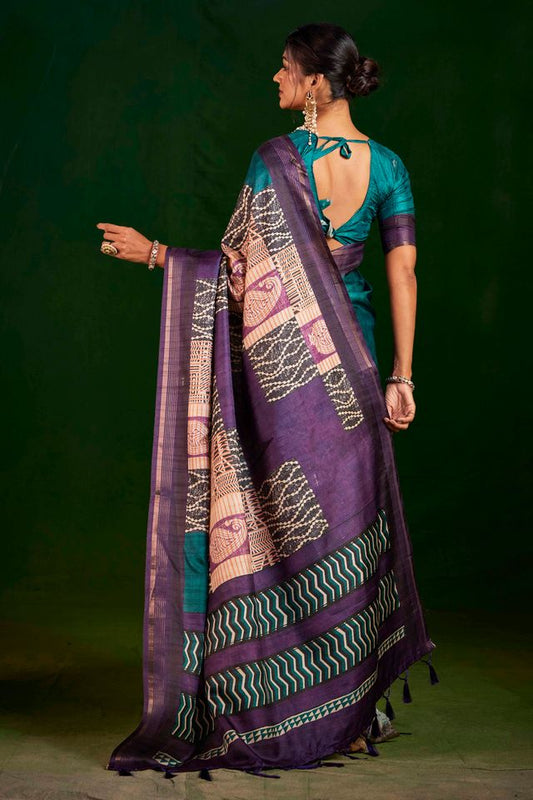 Teal Color Gathan Silk Fabric Designer Digital Printed Partywear Saree