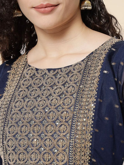 Navy Blue Color Chanderi Modal Fabric With Beautiful Embroidered Work Fancy Looks