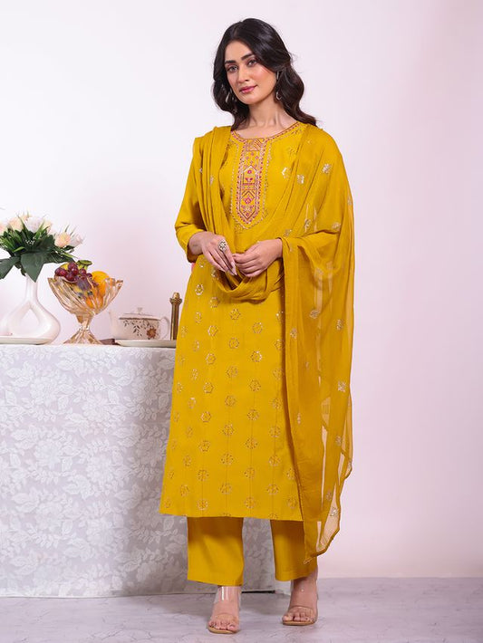 Mustard Color Poly Silk Fabric Smart Ethnic Partywear Kurta Set