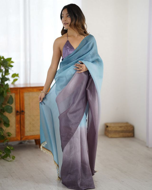 Designer Sky Blue-Grey Color Candy Crush Silk Fabric Stylish Pre Stitched Saree
