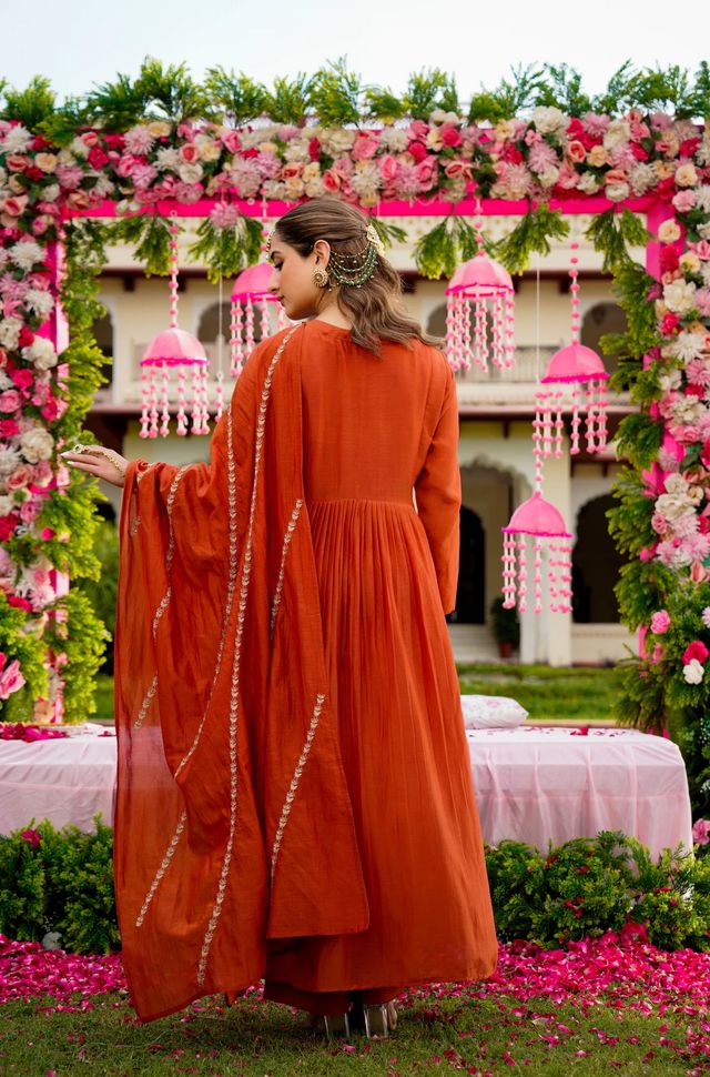 Rust Color Beautiful Readymade Dress On Vichitra Silk Fabric For Graceful Girlie Looks