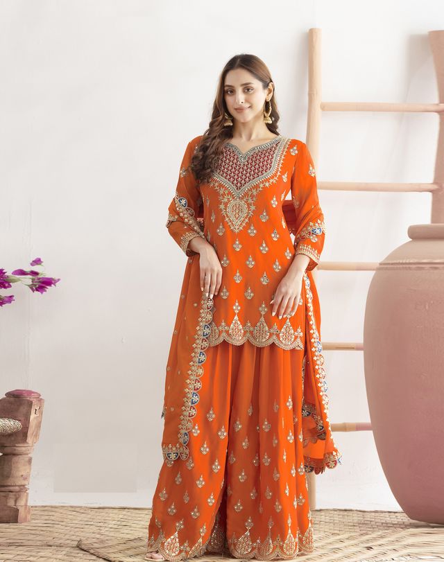 Orange Color Chinon Fabric Designer Embroidered Graceful Palazzo Dress
