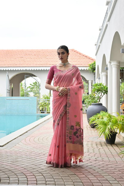 Pink Color Chanderi Cotton Fabric Weaving Reshan Flower Designer Ethnic Saree