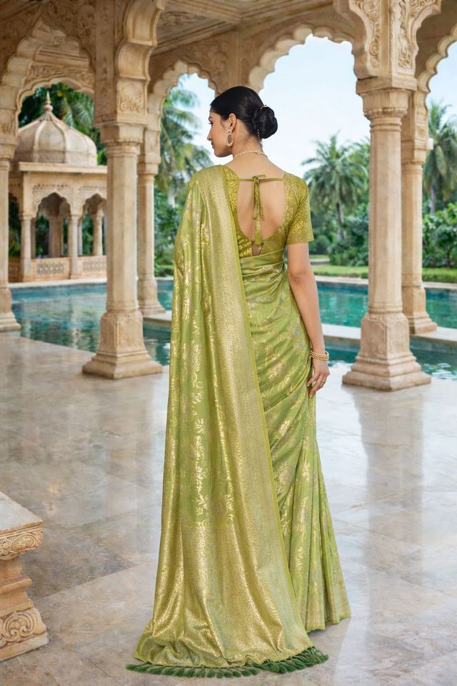 Olive Color Ethnic Crepe Silk Fabric Woven Jacquard Designer Ceremonial Saree