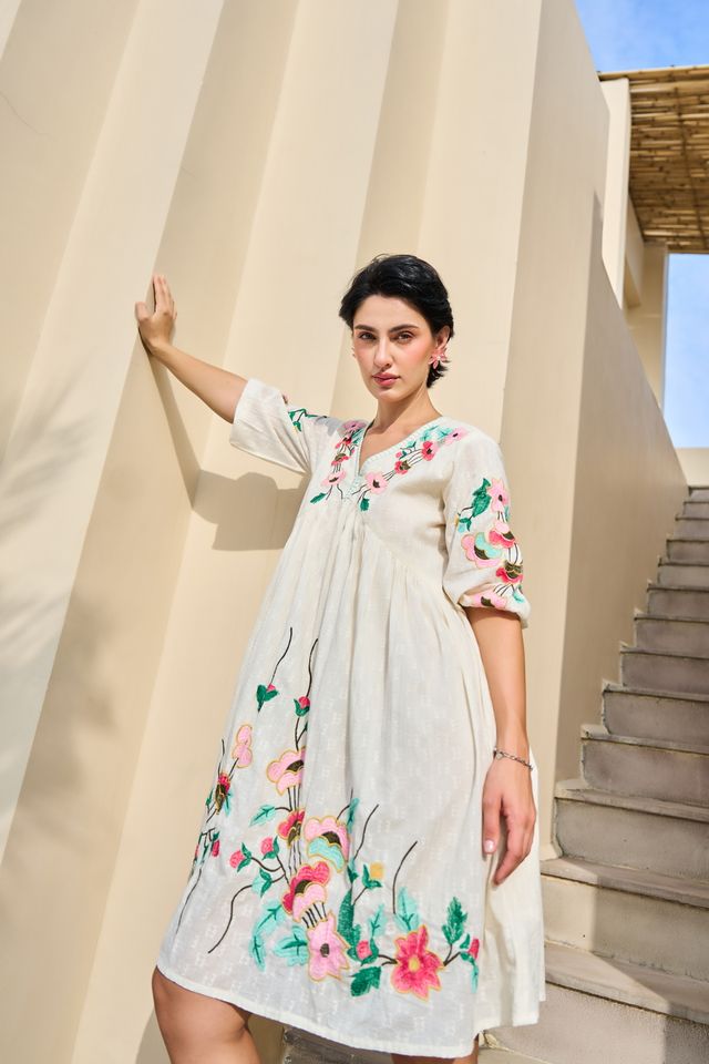 White Color Beautiful Designer Embroidery Work Cotton Fabric Tunic