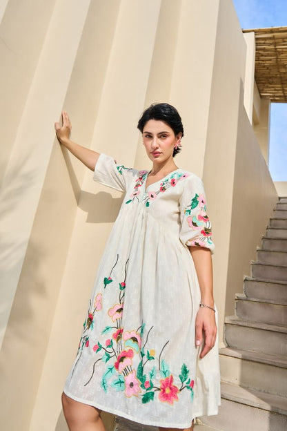White Color Beautiful Designer Embroidery Work Cotton Fabric Tunic