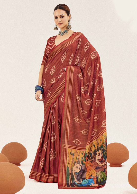 Rust Color Cotton Silk Fabric Designer Digital Printed Saree