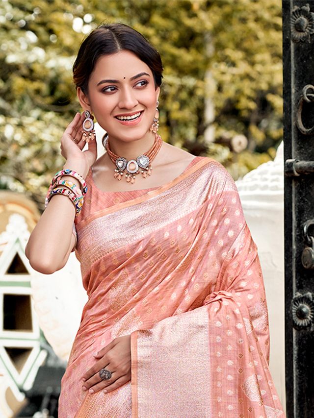 Peach Color Assam Silk Fabric Woven Designer Saree For Party Looks