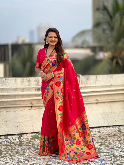 Pink Color Paithani Silk Fabric Woven Designer Partywear Saree