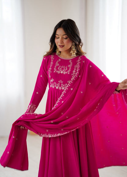 Ranipink Pure Roman Shimmer Chanderi Beads Work Anarkali Suit