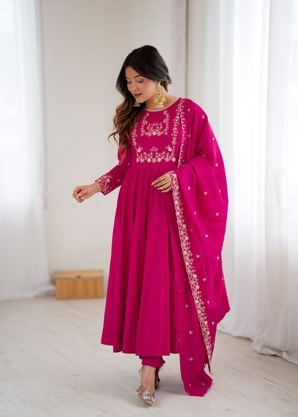 Ranipink Pure Roman Shimmer Chanderi Beads Work Anarkali Suit