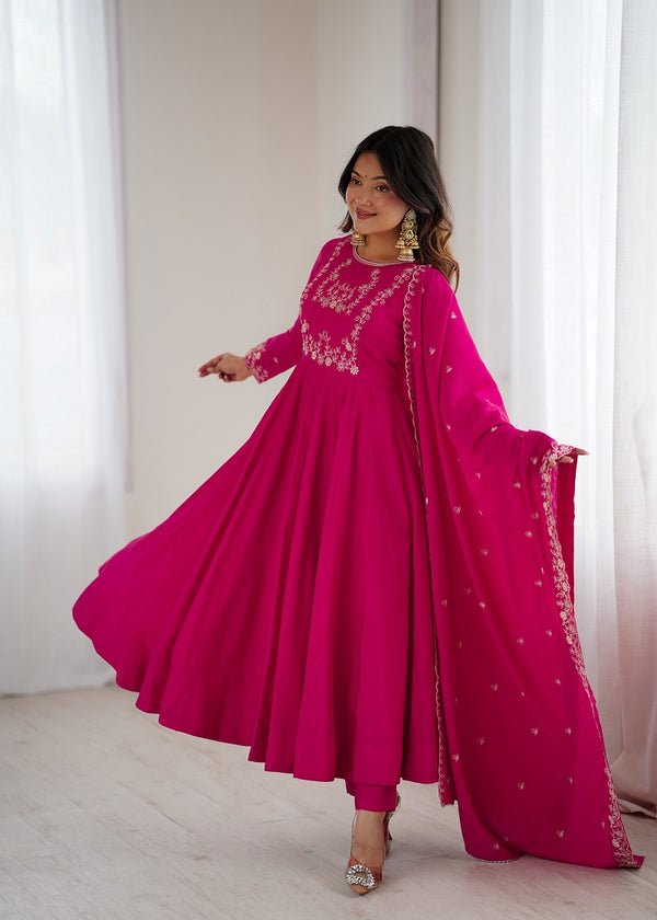 Ranipink Pure Roman Shimmer Chanderi Beads Work Anarkali Suit