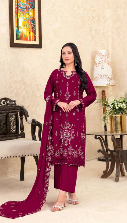Red Velvet Semi Stitched Suit with Embroidery Sequence Work