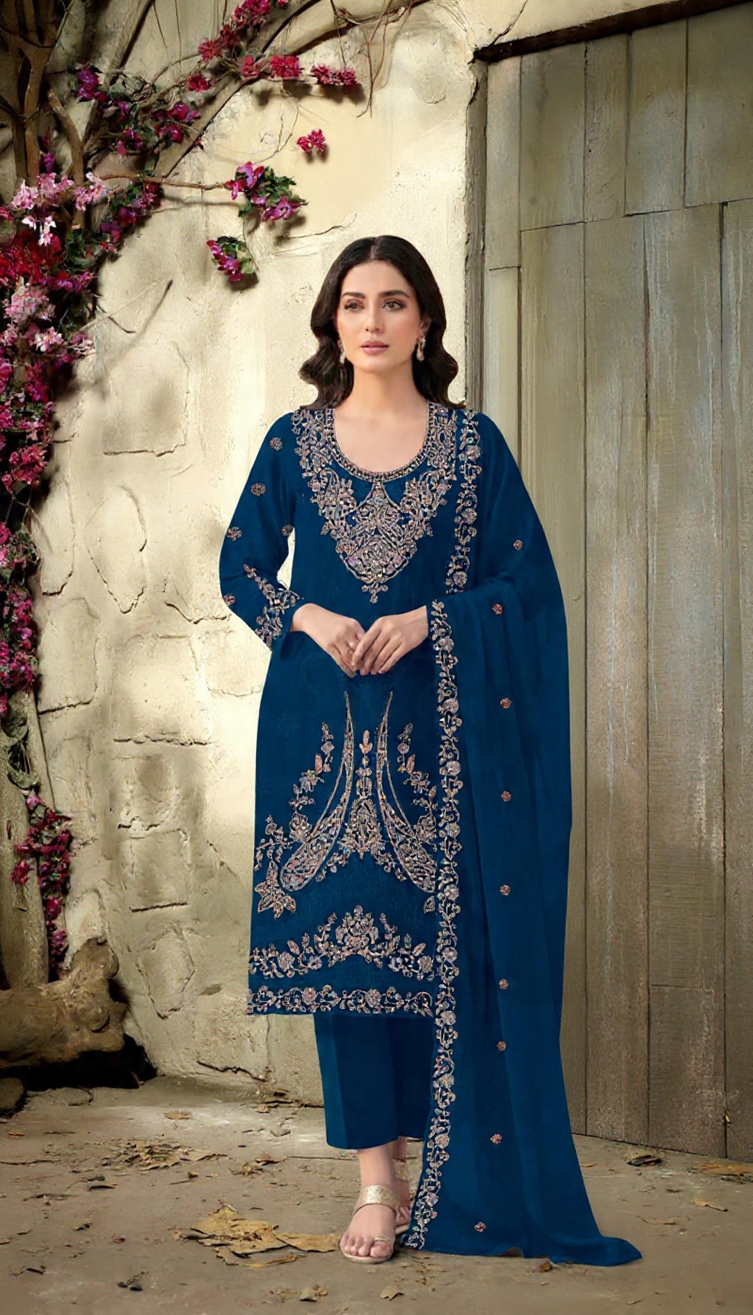 Teal Blue Velvet Semi Stitched Suit with Embroidery Codding Work
