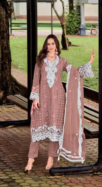 Brown Silk Semi Stitched Suit with Embroidery Sequence Work