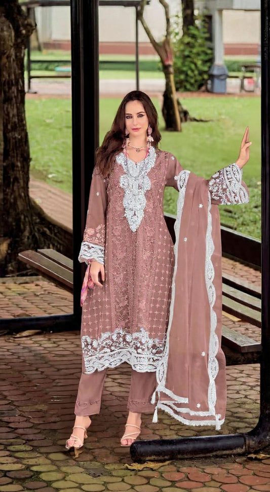 Brown Silk Semi Stitched Suit with Embroidery Sequence Work