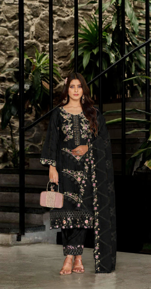 Black Fox Georgette Semi Stiutched Suit with Embroidery Sequenc & Khatli Work