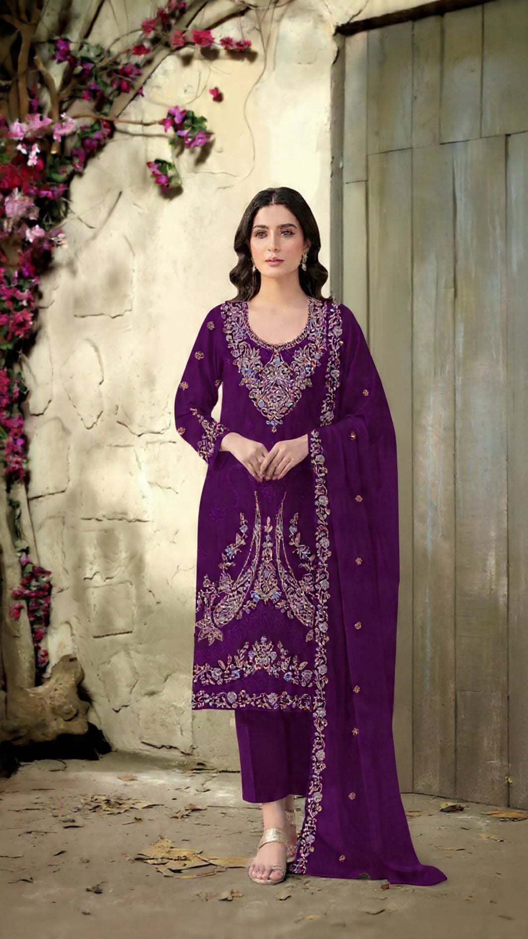 Maroon Velvet Semi Stitched Suit with Embroidery Codding Work