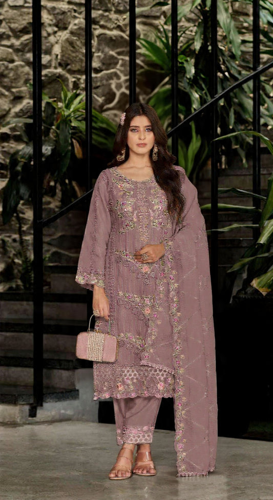 Peach Fox Georgette Semi Stiutched Suit with Embroidery Sequenc & Khatli Work