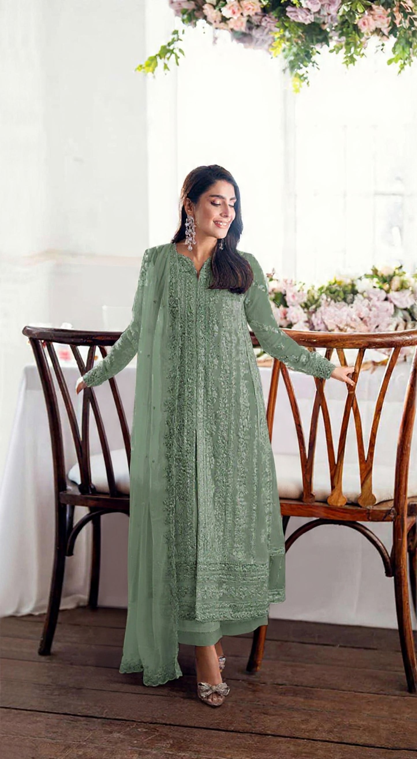 Teal Green Fox Georgette Semi Stiutched Suit with Embroidery Sequenc & Khatli Work