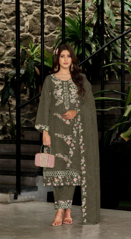 Mehendi Fox Georgette Semi Stiutched Suit with Embroidery Sequenc & Khatli Work