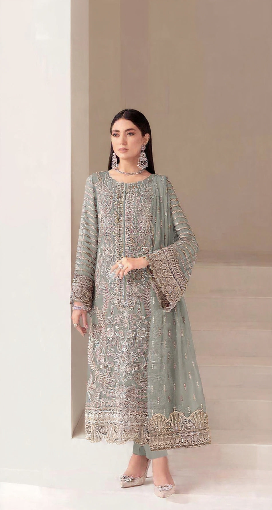 Sky Blue Fox Georgette Semi Stiutched Suit with Embroidery Sequenc & Khatli Work