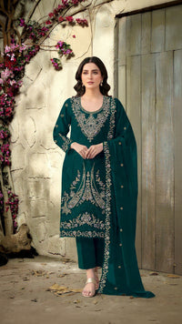 Dark Green Velvet Semi Stitched Suit with Embroidery Codding Work