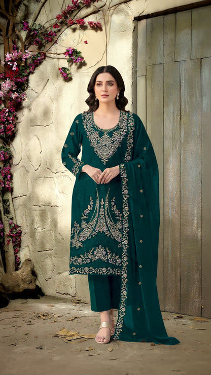 Dark Green Velvet Semi Stitched Suit with Embroidery Codding Work
