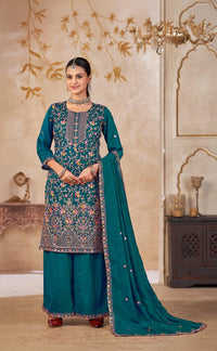 Blue Vichitra Silk Readymade Plazzo Suit with Embroidery & Lace Work