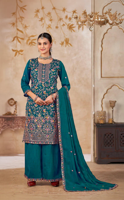Blue Vichitra Silk Readymade Plazzo Suit with Embroidery & Lace Work