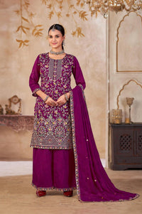 Purple Vichitra Silk Readymade Plazzo Suit with Embroidery & Lace Work