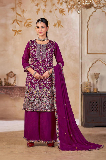 Purple Vichitra Silk Readymade Plazzo Suit with Embroidery & Lace Work