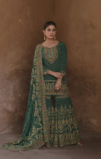 Dark-Green Silk Readymade Palazzo Suit with Swarovski Work