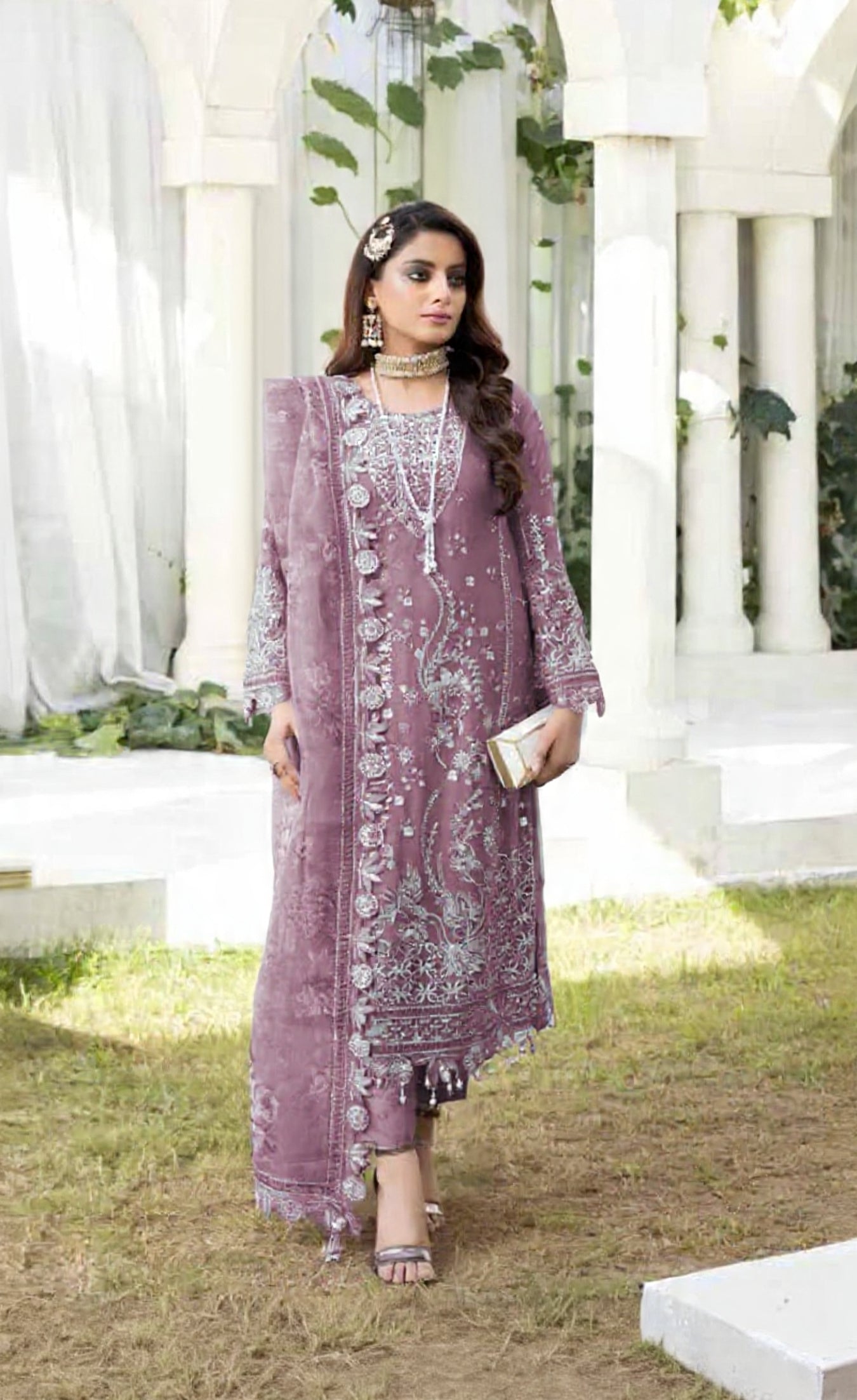 Pink Faux Georgette Semi Stitched Suit with Embroidery Work